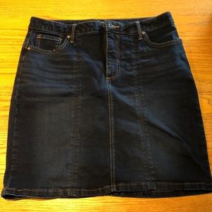 Dark blue, calf length, Lee blue jeans skirt.